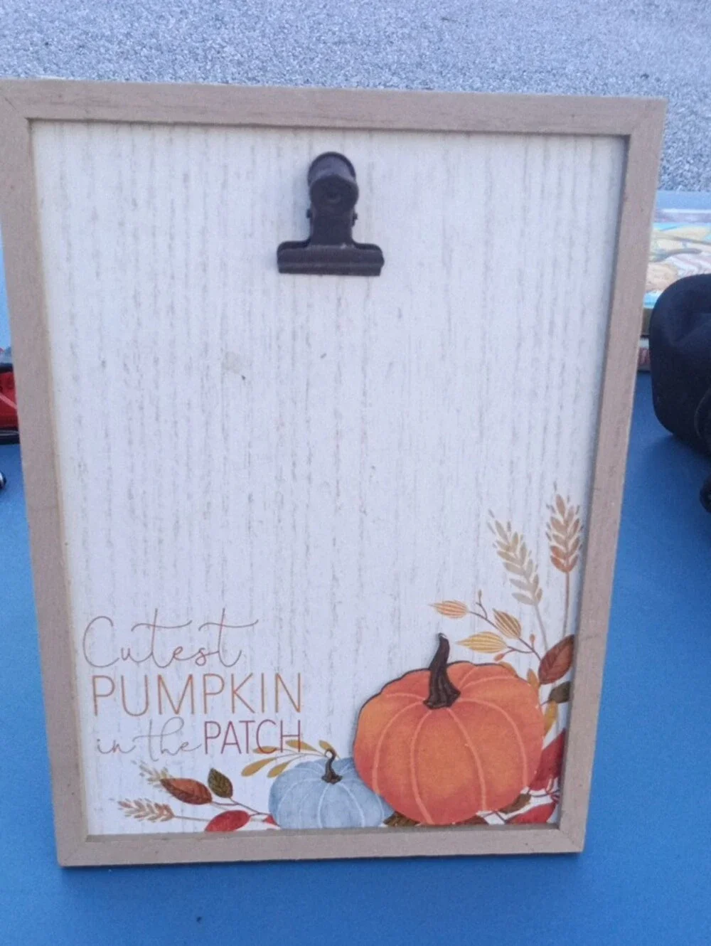 Farmhouse White Wood Clip Frame Sign with Orange Pumpkin Accent